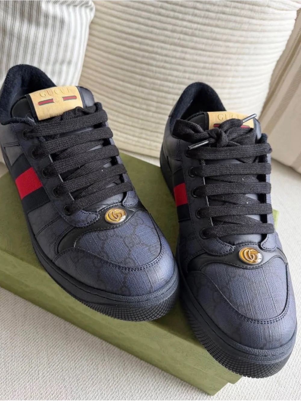 Gucci Navy Canvas Low-Top Sneakers with Red Web Stripe